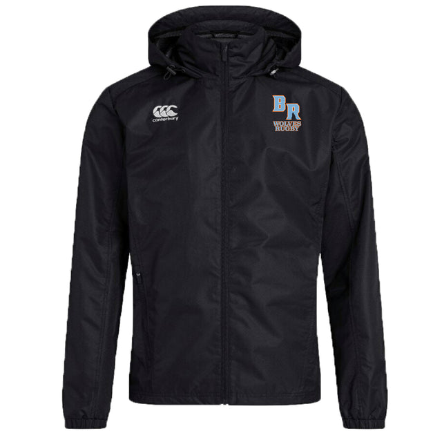 The Ballantyne Ridge Wolves Club Vaposhield Stadium Jacket by EMB Canterbury features padded insulation, a water repellent finish, and "Canterbury" and "BR Wolves Rugby" logos on the chest.