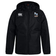 The Ballantyne Ridge Wolves Club Vaposhield Full Zip Rain Jacket by EMB Canterbury is a black rugby rain jacket with a front zipper, featuring the Canterbury logo and "BR Wolves Rugby" on the chest.