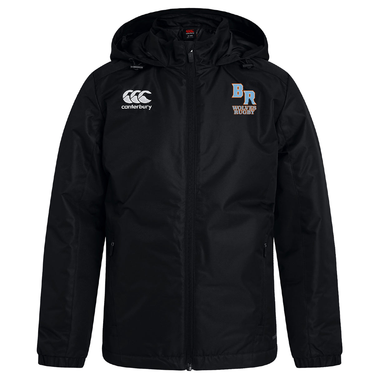 The Ballantyne Ridge Wolves Club Vaposhield Full Zip Rain Jacket by EMB Canterbury is a black rugby rain jacket with a front zipper, featuring the Canterbury logo and "BR Wolves Rugby" on the chest.