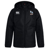 The Ballantyne Ridge Wolves Club Vaposhield Full Zip Rain Jacket by EMB Canterbury is a black rugby rain jacket with a front zipper, featuring the Canterbury logo and "BR Wolves Rugby" on the chest.