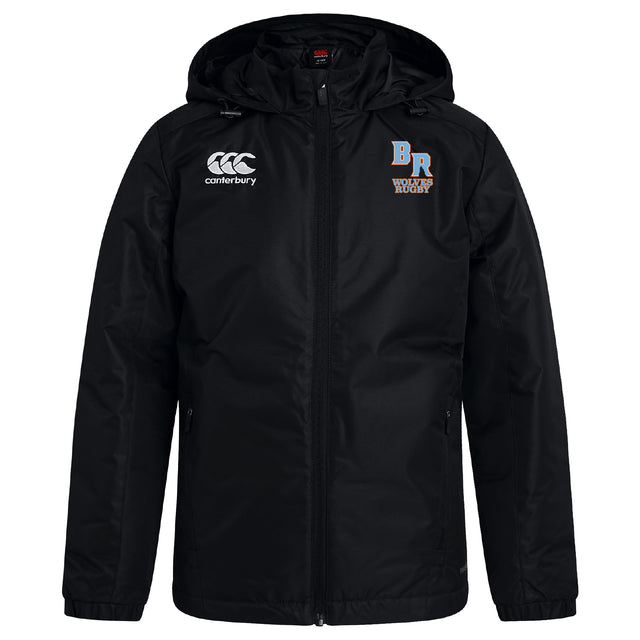 The Ballantyne Ridge Wolves Club Vaposhield Full Zip Rain Jacket by EMB Canterbury is a black rugby rain jacket with a front zipper, featuring the Canterbury logo and "BR Wolves Rugby" on the chest.