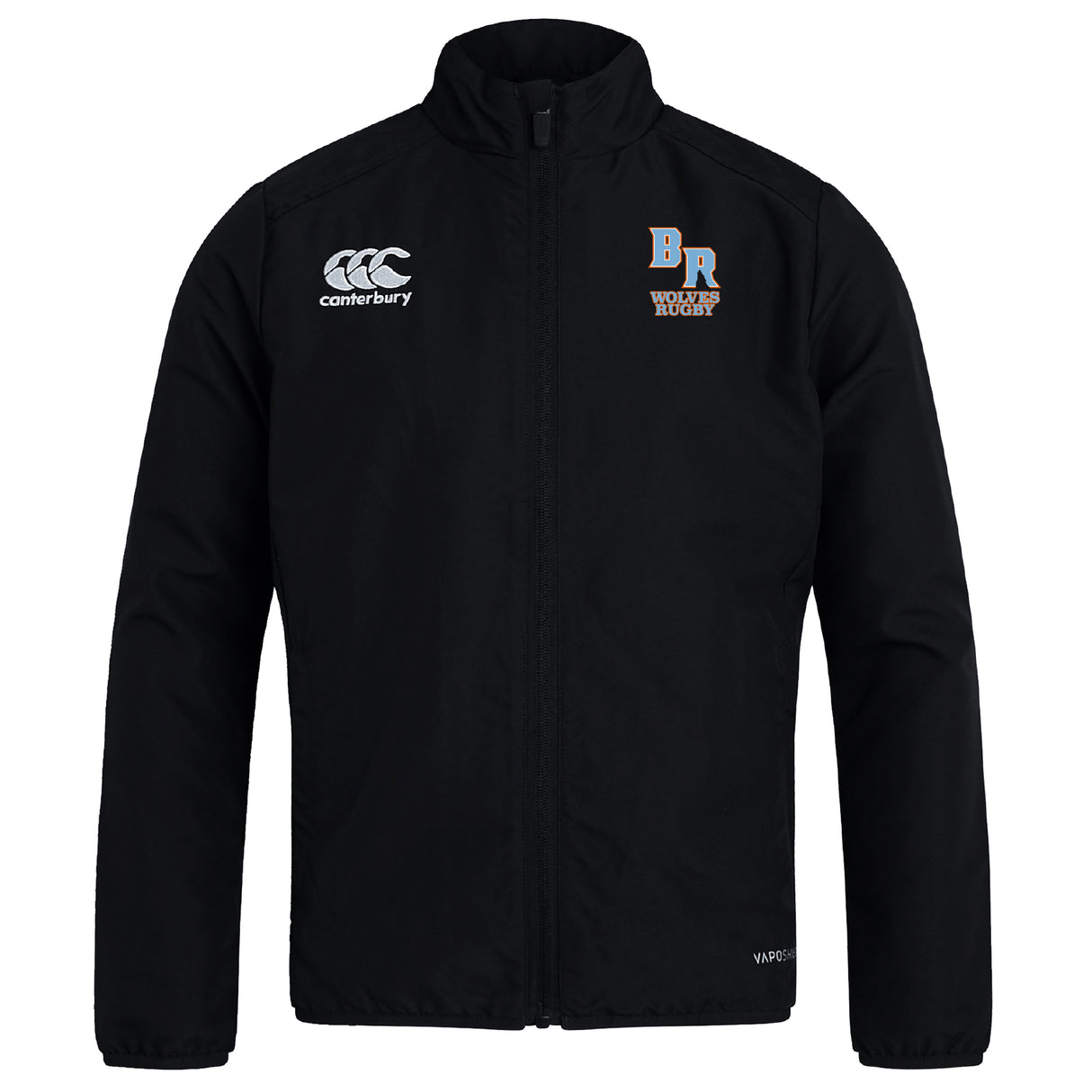 The Ballantyne Ridge Wolves Club Track Jacket by EMB Canterbury features the "BR Wolves Rugby" logo on the left chest, Canterbury logo on the right, front zipper, high collar, and a lightweight, water-repellent design.