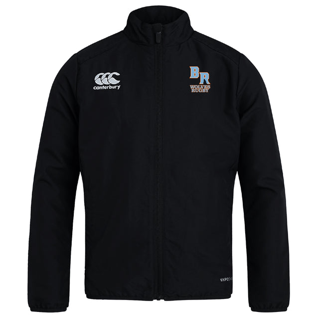 The Ballantyne Ridge Wolves Club Track Jacket by EMB Canterbury features the "BR Wolves Rugby" logo on the left chest, Canterbury logo on the right, front zipper, high collar, and a lightweight, water-repellent design.