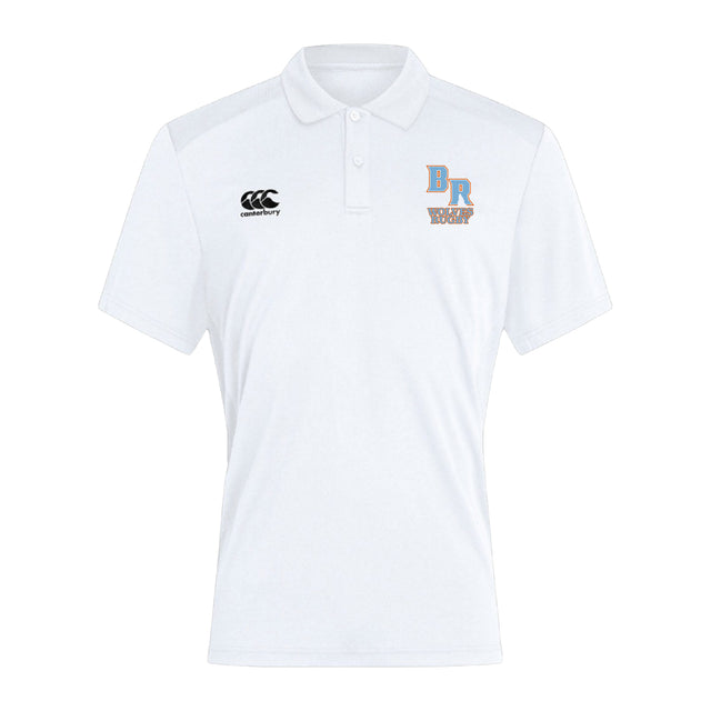 The Ballantyne Ridge Wolves Club Dry Polo by Canterbury is a white, short-sleeve polo with collar, featuring embroidered Canterbury and "BR Wolf" logos. Made with Vapodri Technology for breathable comfort to keep you cool.