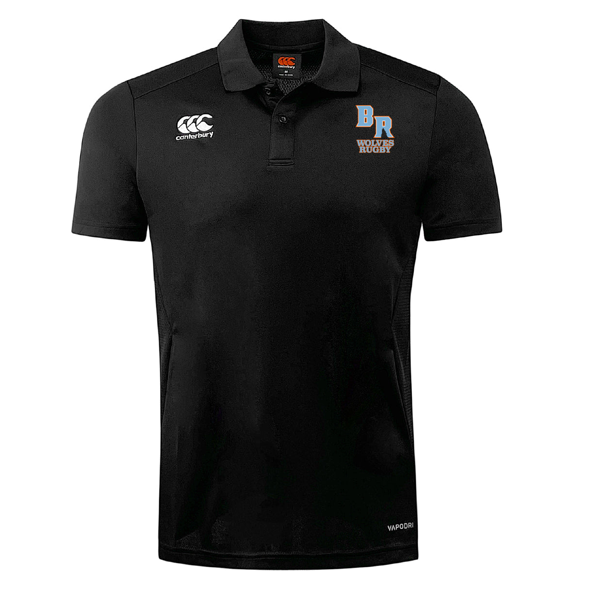 The Ballantyne Ridge Wolves Club Dry Polo by EMB Canterbury is a black short-sleeve rugby shirt with a collar, featuring the Canterbury logo on the right chest and "BR Wolves Rugby" emblem on the left, made with breathable Vapodri Technology.