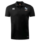 The Ballantyne Ridge Wolves Club Dry Polo by EMB Canterbury is a black short-sleeve rugby shirt with a collar, featuring the Canterbury logo on the right chest and "BR Wolves Rugby" emblem on the left, made with breathable Vapodri Technology.