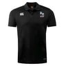 The Ballantyne Ridge Wolves Club Dry Polo by EMB Canterbury is a black short-sleeve rugby shirt with a collar, featuring the Canterbury logo on the right chest and "BR Wolves Rugby" emblem on the left, made with breathable Vapodri Technology.