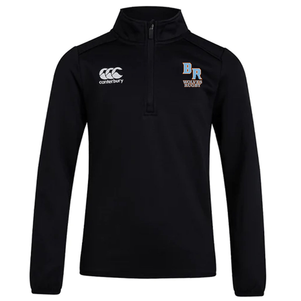 The Ballantyne Ridge Wolves Club 1/4 Zip Mid Layer Training Top by EMB Canterbury features a black long-sleeve design with logos on both chests—ideal for rugby training and fans of stylish custom sportswear.