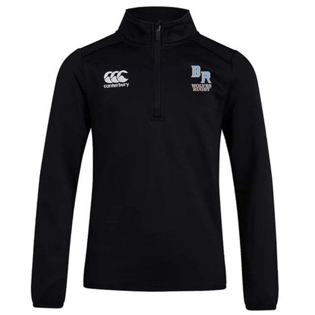 The Ballantyne Ridge Wolves Club 1/4 Zip Mid Layer Training Top by EMB Canterbury features a black long-sleeve design with logos on both chests—ideal for rugby training and fans of stylish custom sportswear.