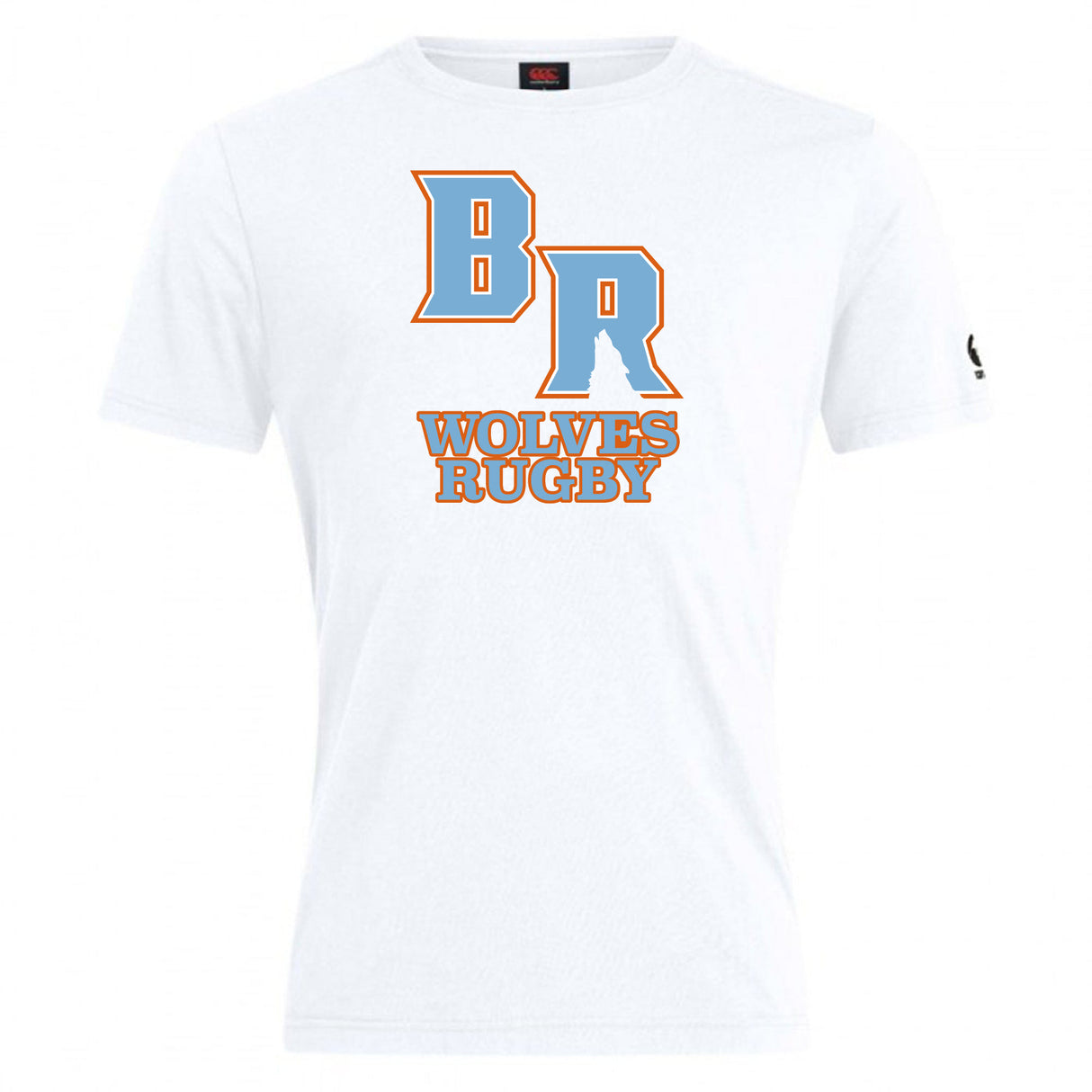 The Ballantyne Ridge Wolves Club Plain Tee by WRS Canterbury is a white cotton blend t-shirt featuring bold orange and blue "BR" letters and "WOLVES RUGBY" text on the front—a customizable option for fans and players.