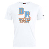 The Ballantyne Ridge Wolves Club Plain Tee by WRS Canterbury is a white cotton blend t-shirt featuring bold orange and blue "BR" letters and "WOLVES RUGBY" text on the front—a customizable option for fans and players.