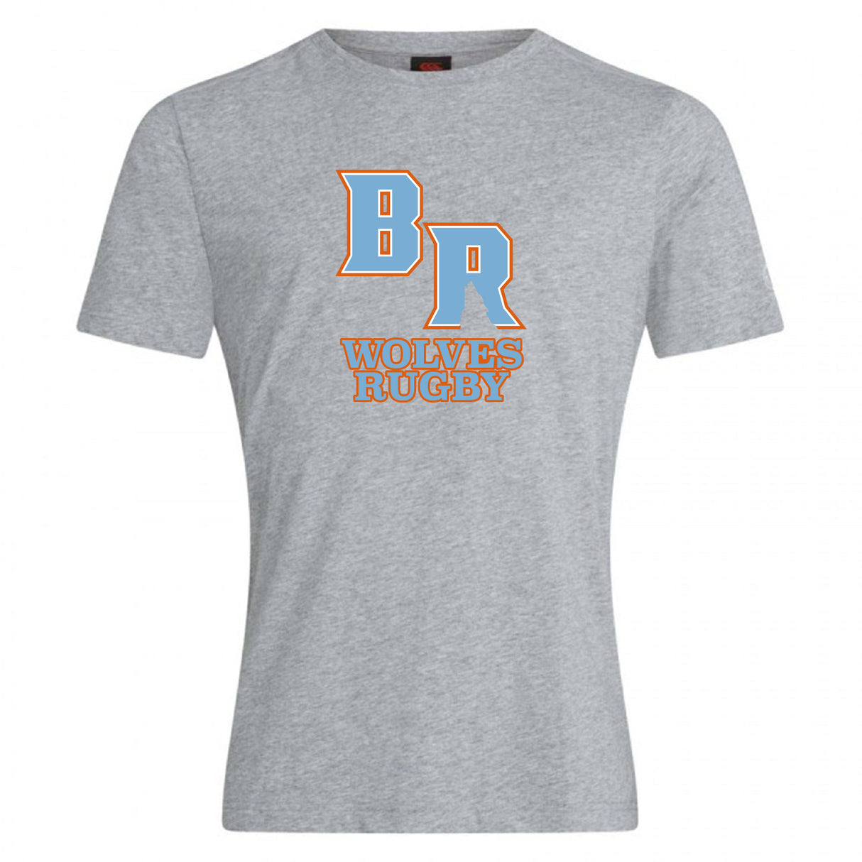 The Ballantyne Ridge Wolves Club Plain Tee by WRS Canterbury is a gray cotton blend shirt with a large orange-outlined "BR" above bold orange "WOLVES RUGBY" lettering.