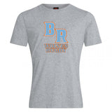 The Ballantyne Ridge Wolves Club Plain Tee by WRS Canterbury is a gray cotton blend shirt with a large orange-outlined "BR" above bold orange "WOLVES RUGBY" lettering.