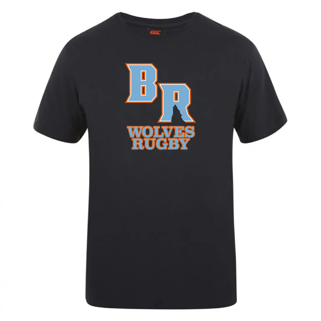 The Ballantyne Ridge Wolves Club Plain Tee by WRS Canterbury is a black cotton blend T-shirt featuring "BR Wolves Rugby" in orange and white, ideal for fans seeking a customizable option.
