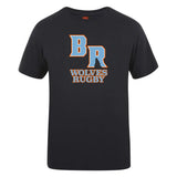 The Ballantyne Ridge Wolves Club Plain Tee by WRS Canterbury is a black cotton blend T-shirt featuring "BR Wolves Rugby" in orange and white, ideal for fans seeking a customizable option.