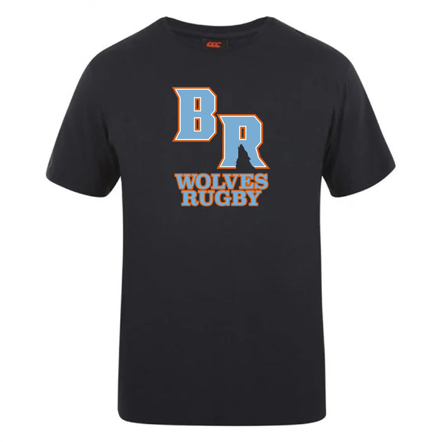 The Ballantyne Ridge Wolves Club Plain Tee by WRS Canterbury is a black cotton blend T-shirt featuring "BR Wolves Rugby" in orange and white, ideal for fans seeking a customizable option.