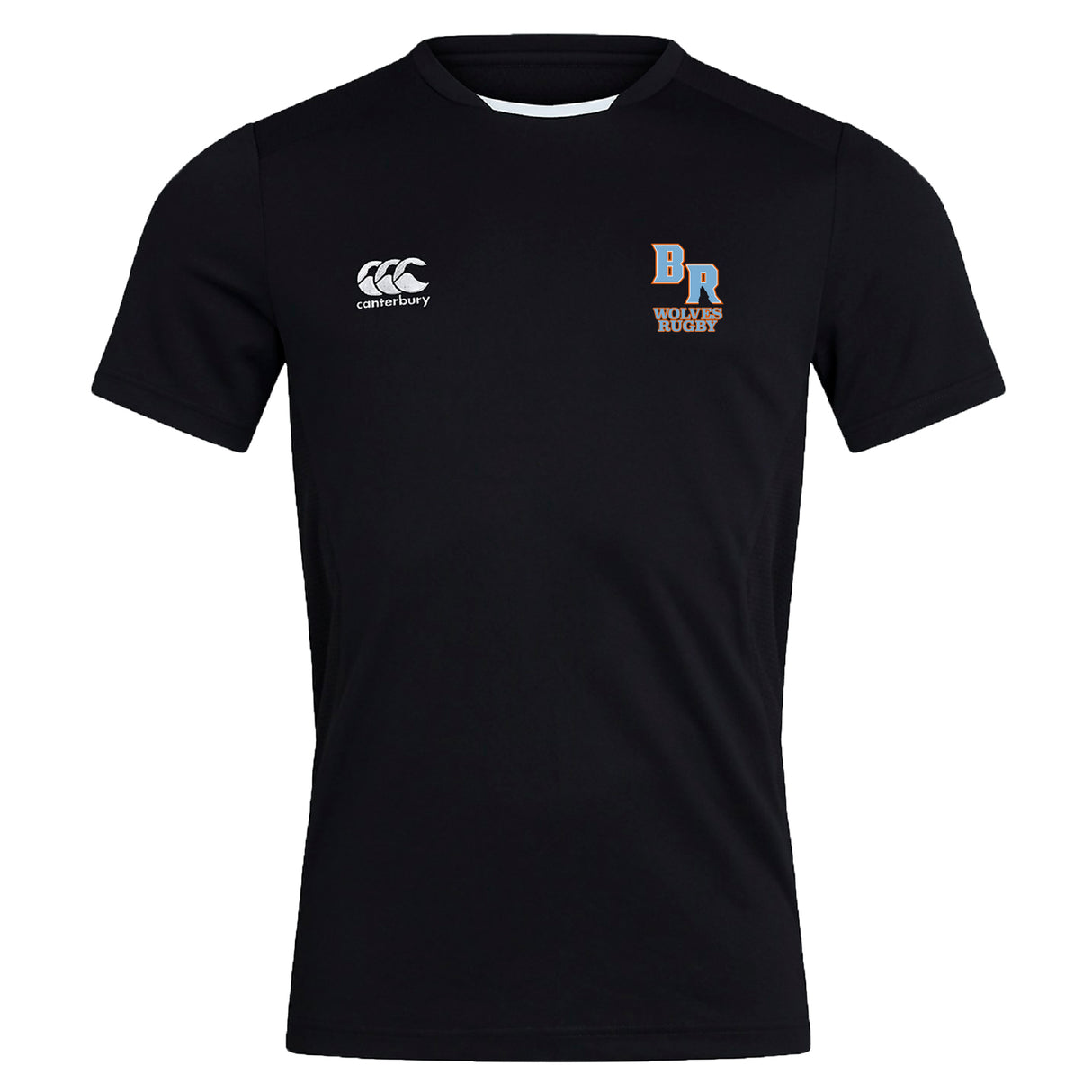 The Ballantyne Ridge Wolves Club Dry Tee by EMB Canterbury is a breathable black workout t-shirt featuring "Canterbury" and "BR Hookers Rugby" logos on the chest for ultimate comfort.