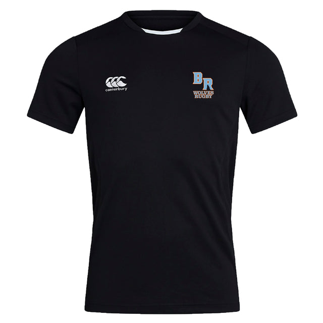 The Ballantyne Ridge Wolves Club Dry Tee by EMB Canterbury is a breathable black workout t-shirt featuring "Canterbury" and "BR Hookers Rugby" logos on the chest for ultimate comfort.