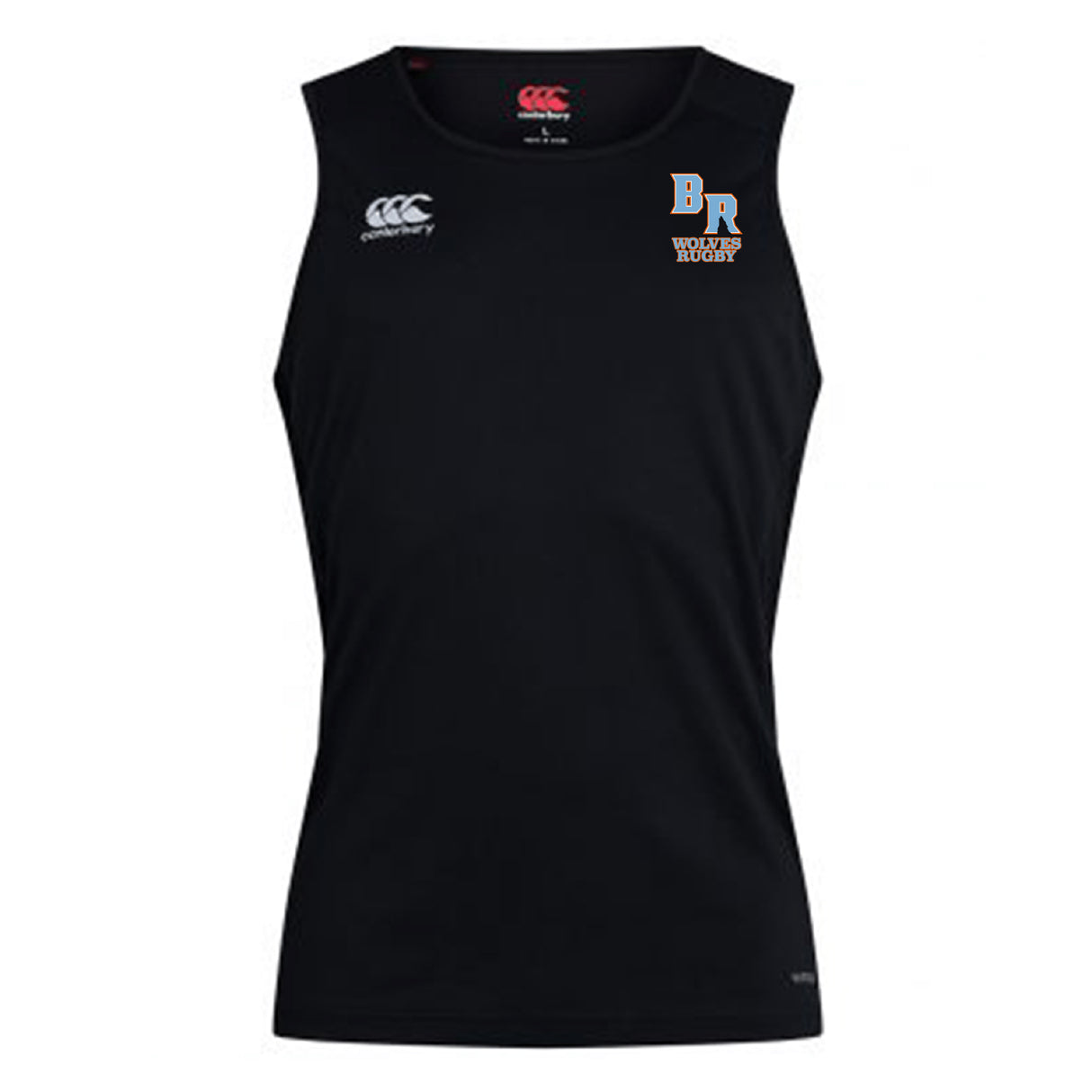 The Ballantyne Ridge Wolves Club Dry Singlet by EMB Canterbury is a black sleeveless top featuring the Canterbury logo on the right chest and BR Women's Rugby logo on the left, crafted with advanced Vapodri Technology for superior comfort.