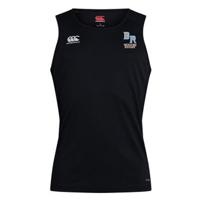 The Ballantyne Ridge Wolves Club Dry Singlet by EMB Canterbury is a black sleeveless top featuring the Canterbury logo on the right chest and BR Women's Rugby logo on the left, crafted with advanced Vapodri Technology for superior comfort.