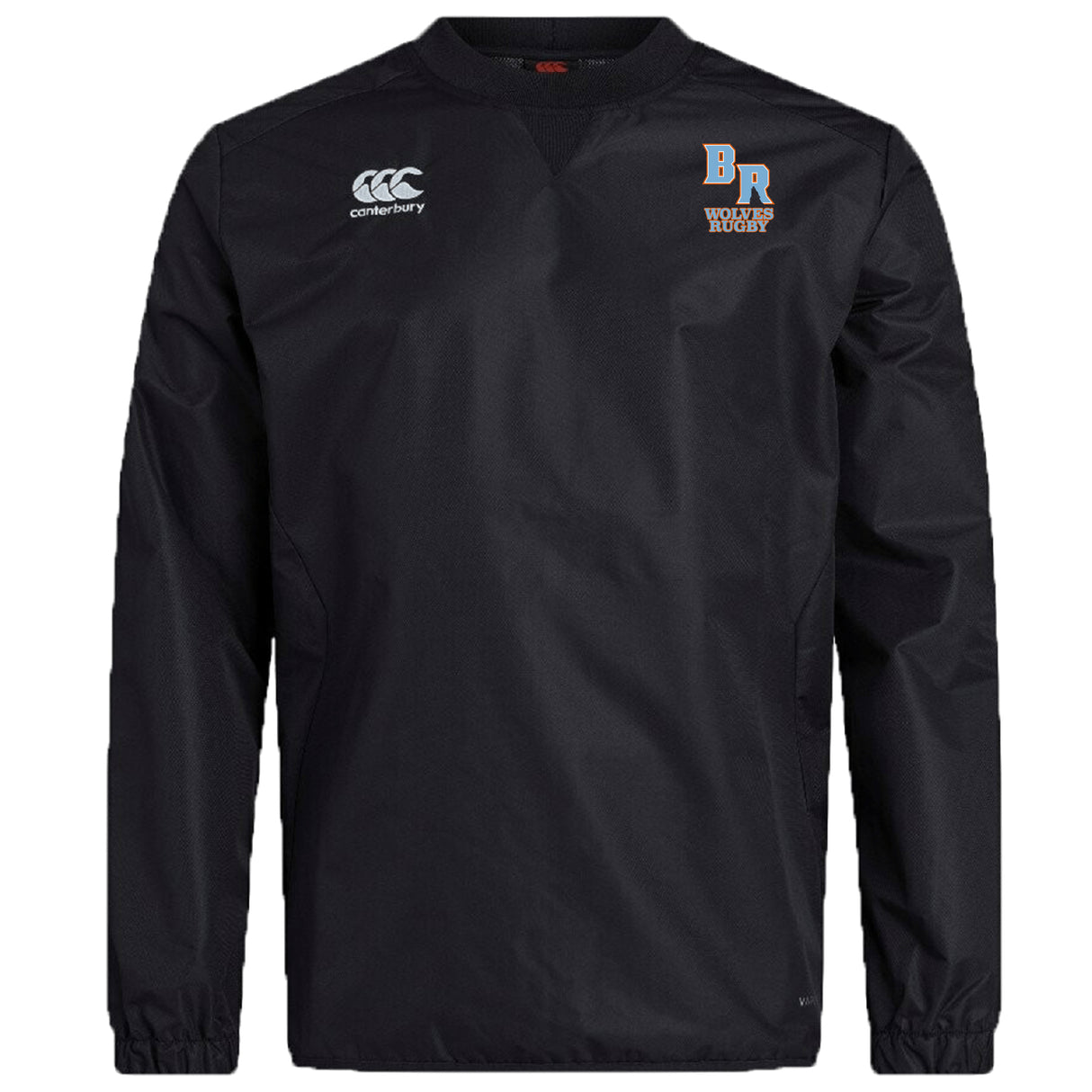 The Ballantyne Ridge Wolves Club Vaposhield Contact Top by EMB Canterbury is a black long-sleeve pullover featuring Canterbury and BR Wolves Rugby logos, designed with Vaposhield technology for enhanced performance.