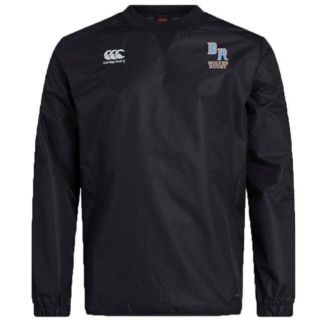 The Ballantyne Ridge Wolves Club Vaposhield Contact Top by EMB Canterbury is a black long-sleeve pullover featuring Canterbury and BR Wolves Rugby logos, designed with Vaposhield technology for enhanced performance.