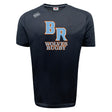 The Ballantyne Ridge Wolves Tempo Vapodri T-Shirt by WRS Canterbury features “BR WOLVES RUGBY” in orange and white on black, a white Canterbury logo on the right shoulder, and moisture-wicking comfort for training.