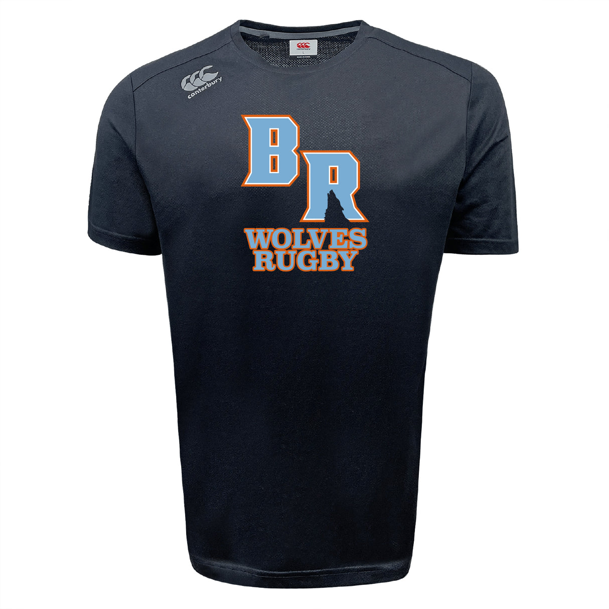 The Ballantyne Ridge Wolves Tempo Vapodri T-Shirt by WRS Canterbury features “BR WOLVES RUGBY” in orange and white on black, a white Canterbury logo on the right shoulder, and moisture-wicking comfort for training.
