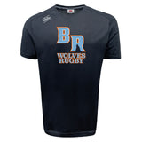 The Ballantyne Ridge Wolves Tempo Vapodri T-Shirt by WRS Canterbury features “BR WOLVES RUGBY” in orange and white on black, a white Canterbury logo on the right shoulder, and moisture-wicking comfort for training.