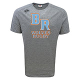 The Ballantyne Ridge Wolves Tempo Vapodri T-Shirt by WRS Canterbury is a gray short-sleeve athletic shirt featuring bold orange and blue "BR" and "Wolves Rugby" graphics, ideal for moisture-wicking comfort during sports or casual wear.