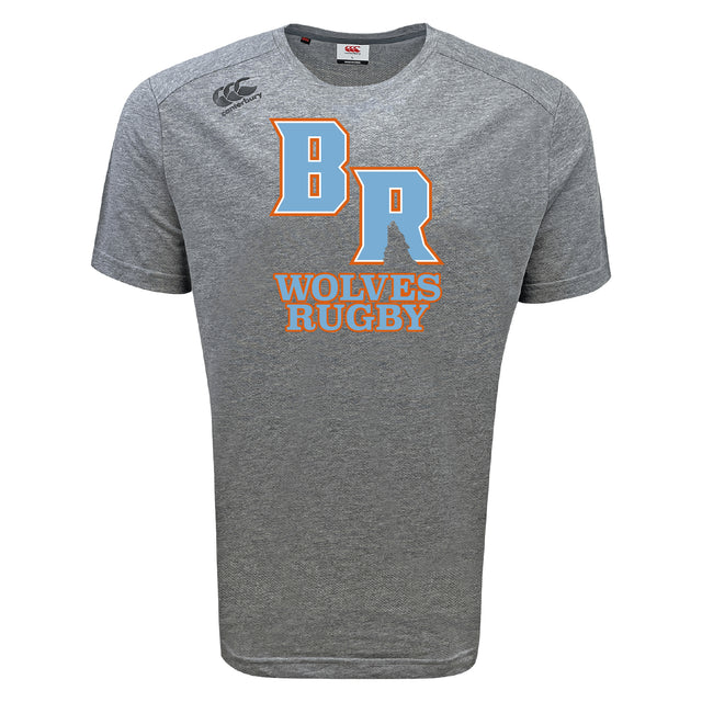 The Ballantyne Ridge Wolves Tempo Vapodri T-Shirt by WRS Canterbury is a gray short-sleeve athletic shirt featuring bold orange and blue "BR" and "Wolves Rugby" graphics, ideal for moisture-wicking comfort during sports or casual wear.