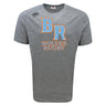 The Ballantyne Ridge Wolves Tempo Vapodri T-Shirt by WRS Canterbury is a gray short-sleeve athletic shirt featuring bold orange and blue "BR" and "Wolves Rugby" graphics, ideal for moisture-wicking comfort during sports or casual wear.