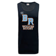 The Ballantyne Ridge Wolves Tempo Vapodri Singlet by WRS Canterbury is a sleeveless black rugby jersey with "BR" and "WOLVES RUGBY" in orange and white on the front, made from recycled polyester. Canterbury logo featured on upper left.
