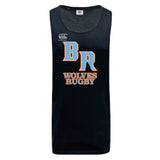 The Ballantyne Ridge Wolves Tempo Vapodri Singlet by WRS Canterbury is a sleeveless black rugby jersey with "BR" and "WOLVES RUGBY" in orange and white on the front, made from recycled polyester. Canterbury logo featured on upper left.