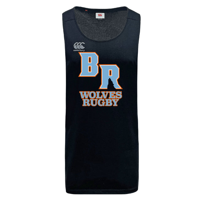 The Ballantyne Ridge Wolves Tempo Vapodri Singlet by WRS Canterbury is a sleeveless black rugby jersey with "BR" and "WOLVES RUGBY" in orange and white on the front, made from recycled polyester. Canterbury logo featured on upper left.