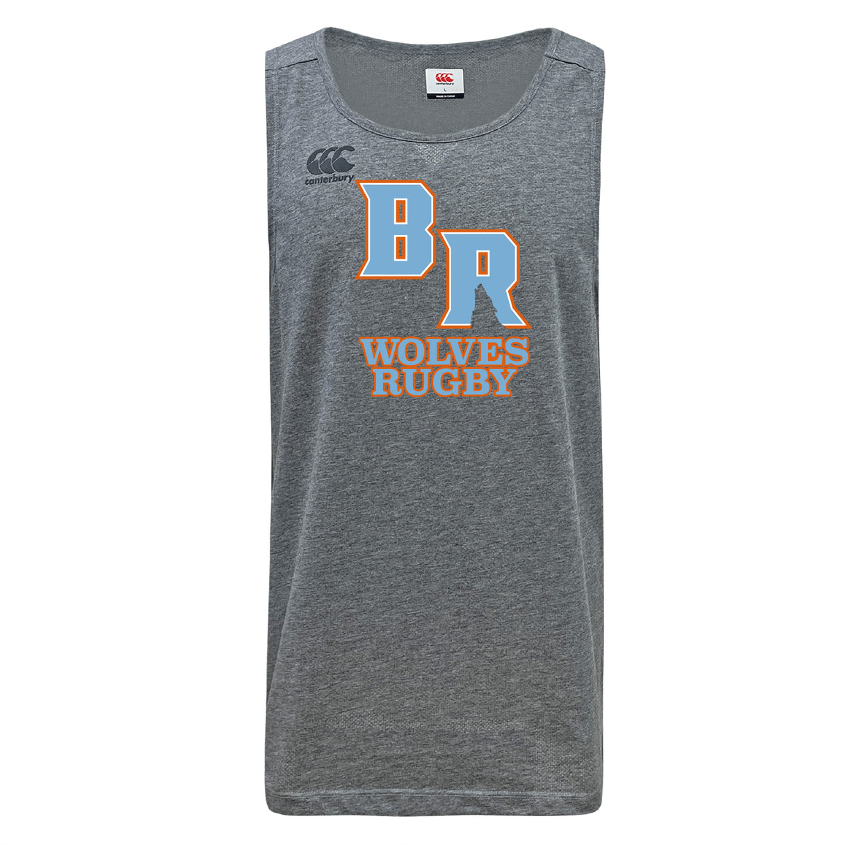 The Ballantyne Ridge Wolves Tempo Vapodri Singlet by WRS Canterbury is a gray sleeveless athletic top made from recycled polyester, featuring "BR Wolves Rugby," large "BR" letters, and the Canterbury logo on the upper left.