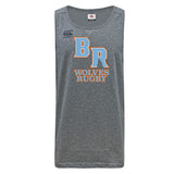 The Ballantyne Ridge Wolves Tempo Vapodri Singlet by WRS Canterbury is a gray sleeveless athletic top made from recycled polyester, featuring "BR Wolves Rugby," large "BR" letters, and the Canterbury logo on the upper left.