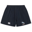 The EMB Canterbury Ballantyne Ridge Wolves Yokohama Shorts are navy rugby shorts with an elastic waistband, Canterbury logo on the left leg, and "BR Wolves Rugby" text with logo on the right, inspired by the classic Yokohama design.