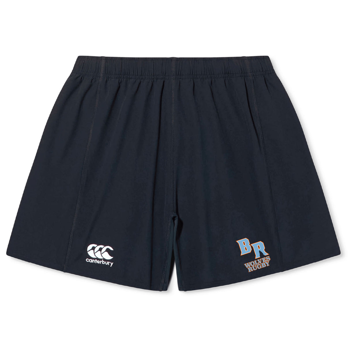 The EMB Canterbury Ballantyne Ridge Wolves Yokohama Shorts are navy rugby shorts with an elastic waistband, Canterbury logo on the left leg, and "BR Wolves Rugby" text with logo on the right, inspired by the classic Yokohama design.