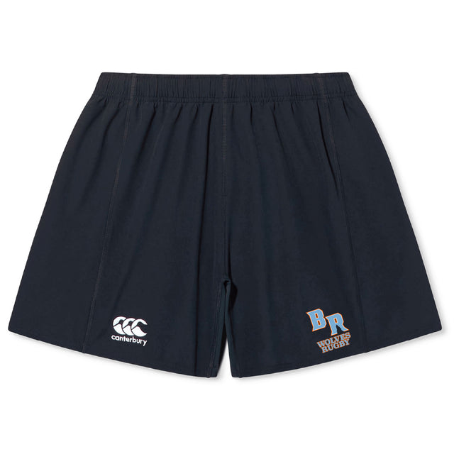 The EMB Canterbury Ballantyne Ridge Wolves Yokohama Shorts are navy rugby shorts with an elastic waistband, Canterbury logo on the left leg, and "BR Wolves Rugby" text with logo on the right, inspired by the classic Yokohama design.