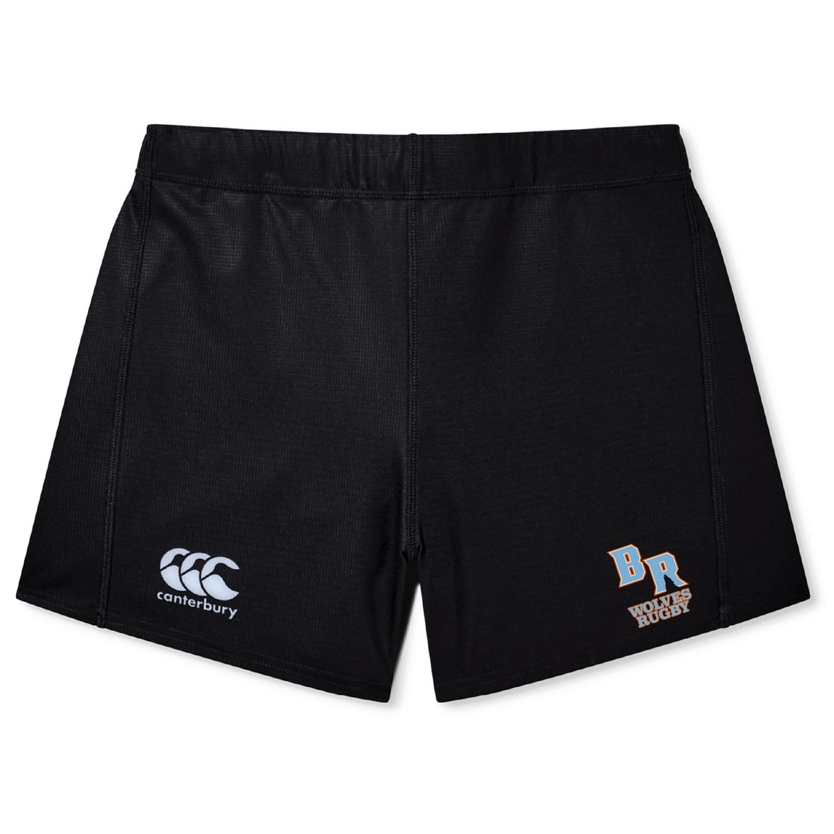 The Ballantyne Ridge Wolves Women's Yokohama Short by Canterbury features the "canterbury" logo on the left leg and "BR Wolves Rugby" logo on the right, displayed against a white background. Brand: EMB Canterbury.