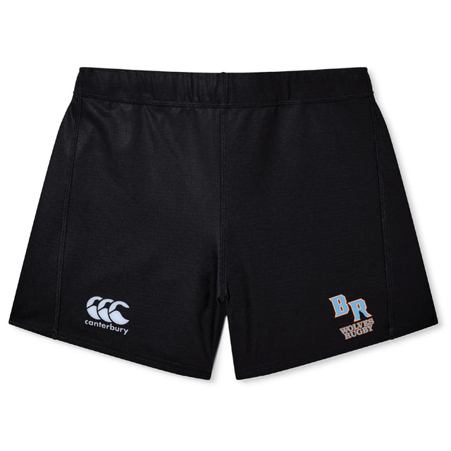 The Ballantyne Ridge Wolves Women's Yokohama Short by Canterbury features the "canterbury" logo on the left leg and "BR Wolves Rugby" logo on the right, displayed against a white background. Brand: EMB Canterbury.