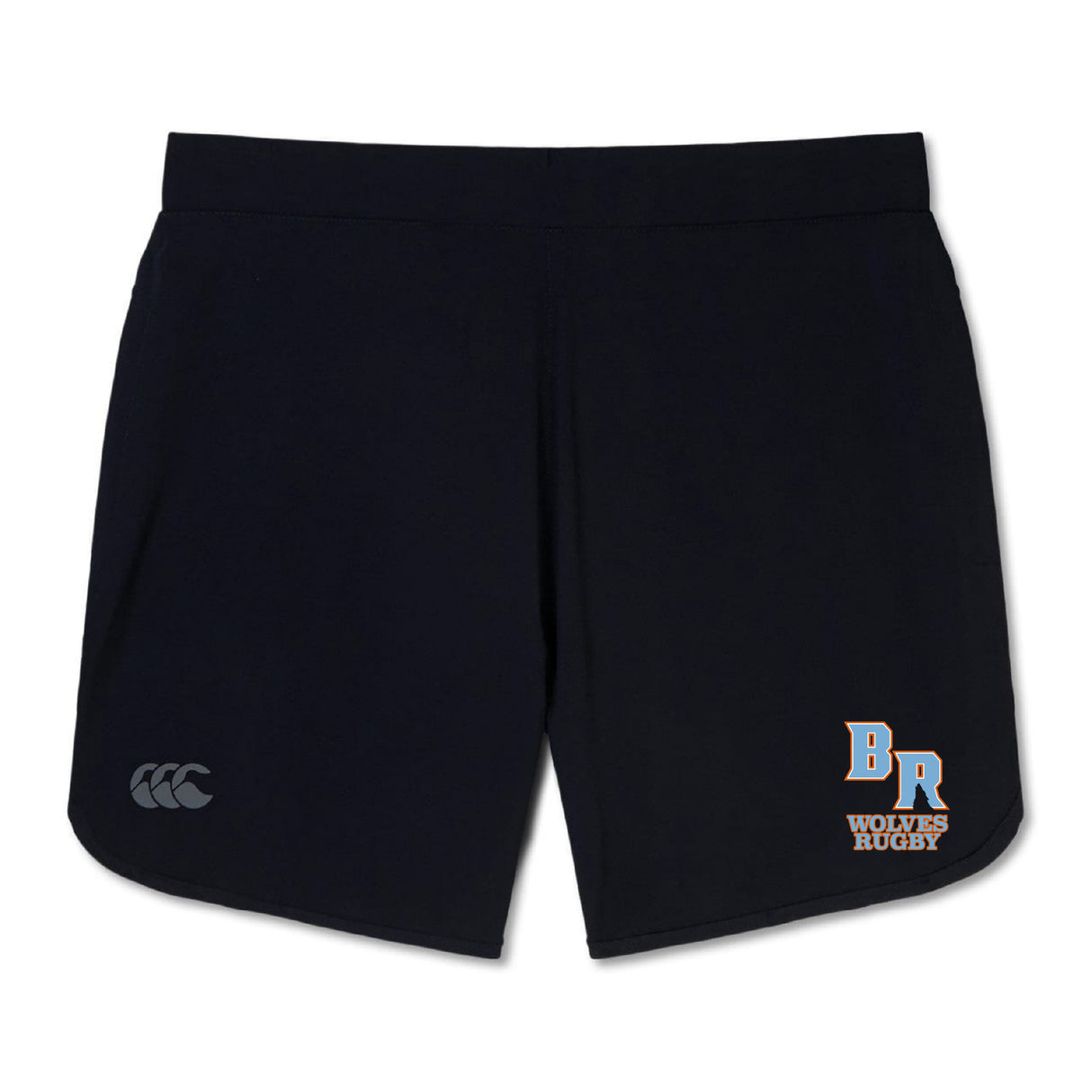 The Ballantyne Ridge Wolves Women's Elite Woven Short by EMB Canterbury features zippered pockets, a small "BR Wolves Rugby" logo on the lower right leg, and a white Canterbury logo on the left—ideal gym shorts for comfort and style.
