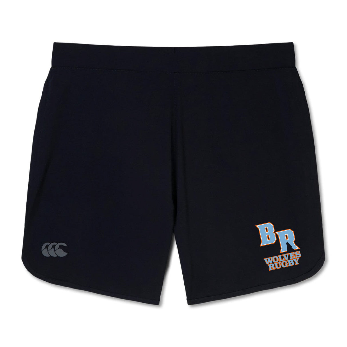 The Ballantyne Ridge Wolves Elite Woven Short by EMB Canterbury features the "Canterbury" logo on the left leg, "BR Wolves Rugby" text in white and orange on the right leg, and convenient zippered pockets.
