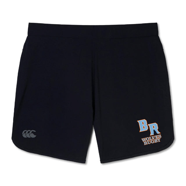 The Ballantyne Ridge Wolves Elite Woven Short by EMB Canterbury features the "Canterbury" logo on the left leg, "BR Wolves Rugby" text in white and orange on the right leg, and convenient zippered pockets.