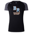 The Ballantyne Ridge Wolves Women's Elite Training Tee by WRS Canterbury is a black and gray shirt with "BR Wolves Rugby" text and logo, offering lightweight comfort and excellent moisture wicking for intense workouts.