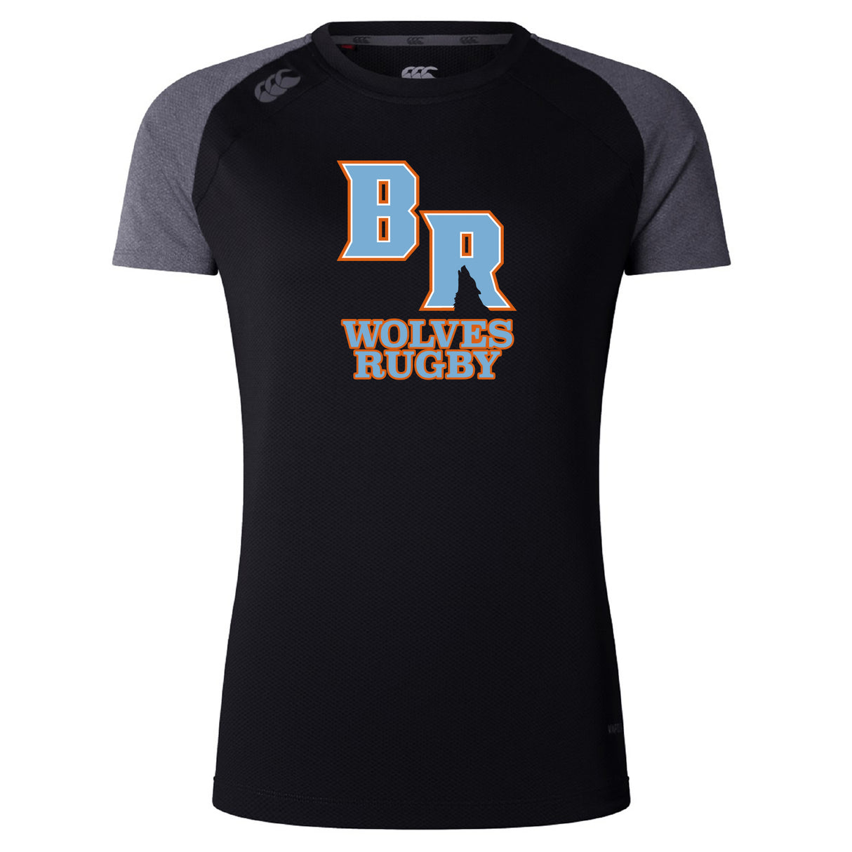 The Ballantyne Ridge Wolves Women's Elite Training Tee by WRS Canterbury is a black and gray shirt with "BR Wolves Rugby" text and logo, offering lightweight comfort and excellent moisture wicking for intense workouts.
