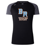 The Ballantyne Ridge Wolves Women's Elite Training Tee by WRS Canterbury is a black and gray shirt with "BR Wolves Rugby" text and logo, offering lightweight comfort and excellent moisture wicking for intense workouts.