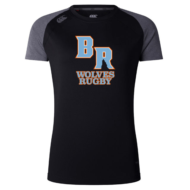 The Ballantyne Ridge Wolves Women's Elite Training Tee by WRS Canterbury is a black and gray shirt with "BR Wolves Rugby" text and logo, offering lightweight comfort and excellent moisture wicking for intense workouts.