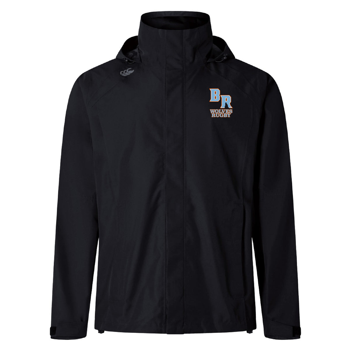 The Ballantyne Ridge Wolves Elite Storm Jacket by EMB Canterbury is a black, breathable pitchside jacket with the "BR" logo and "WHAK HOOP" text on the left chest, shown against a white background.